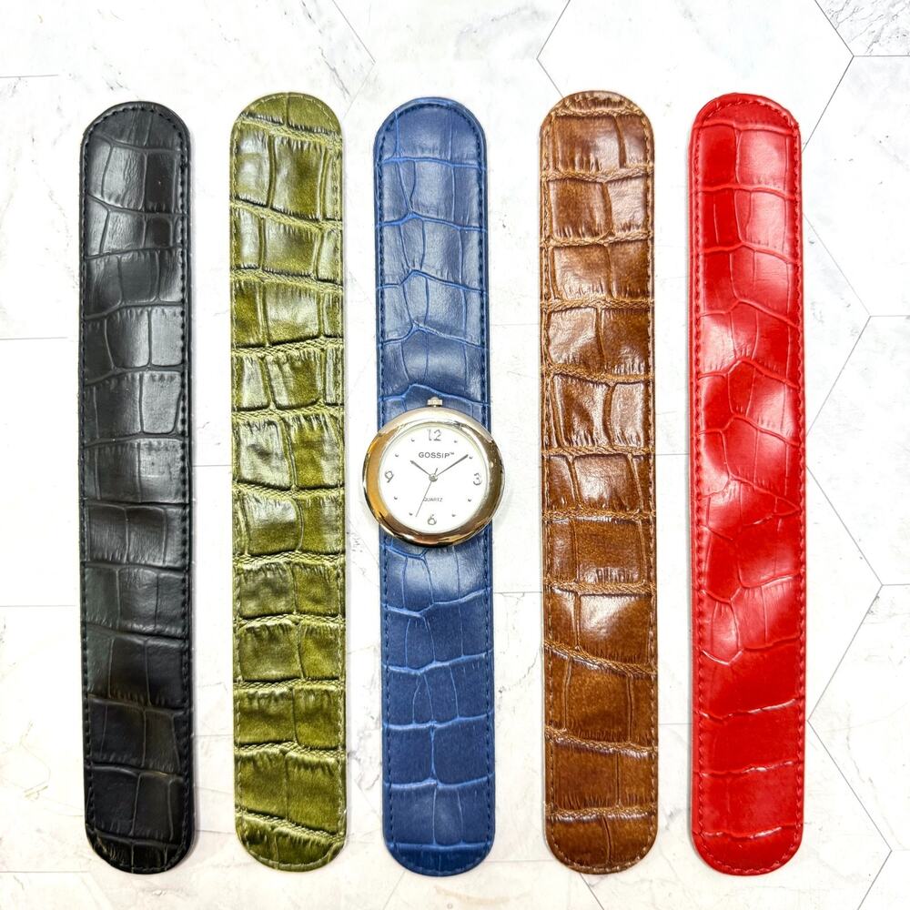 GOSSIP Woman's Watch Set Silver Tone 5 Faux Leather Interchangeable Slap Bands